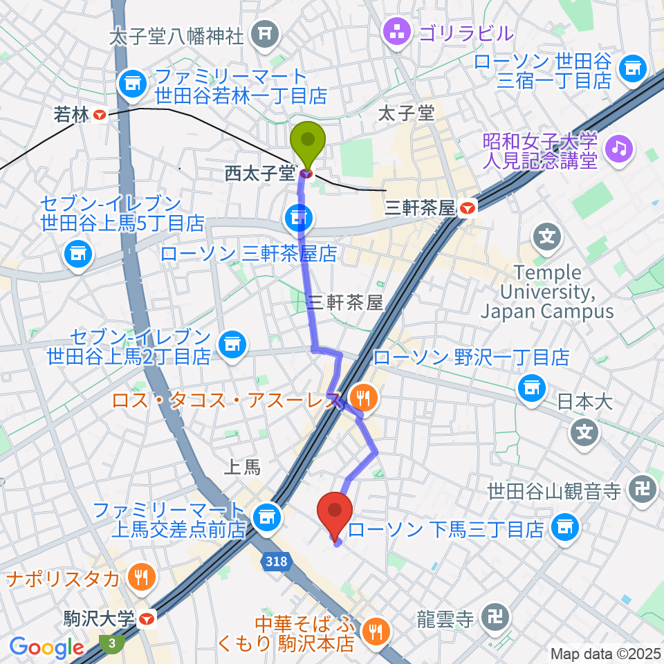 西太子堂駅からワンヴォイスミュージックスクールへのルートマップ地図