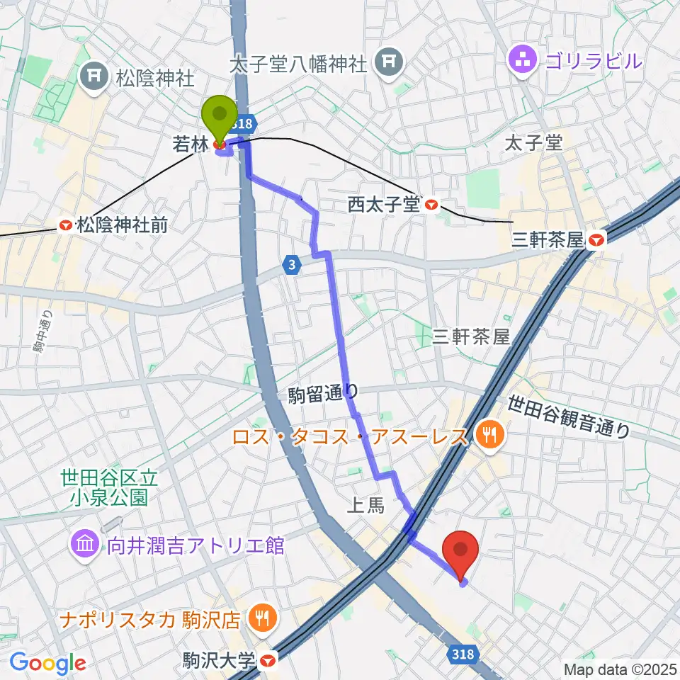 若林駅からワンヴォイスミュージックスクールへのルートマップ地図