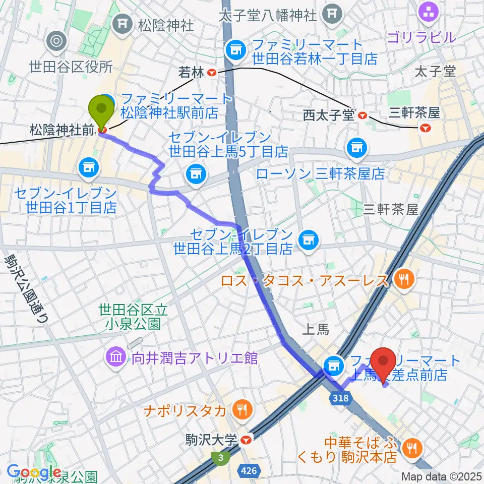 松陰神社前駅からワンヴォイスミュージックスクールへのルートマップ地図