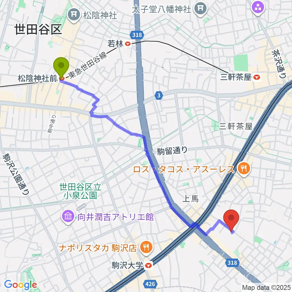 松陰神社前駅からワンヴォイスミュージックスクールへのルートマップ地図
