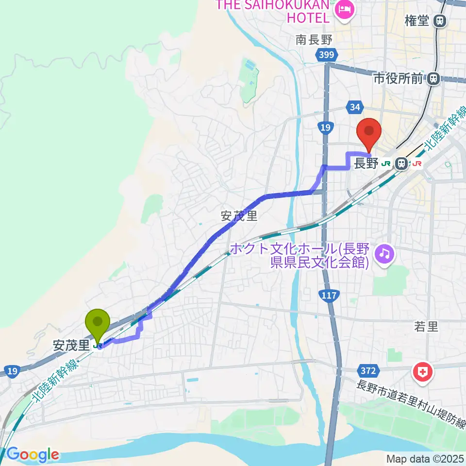 安茂里駅からヒオキ楽器へのルートマップ地図