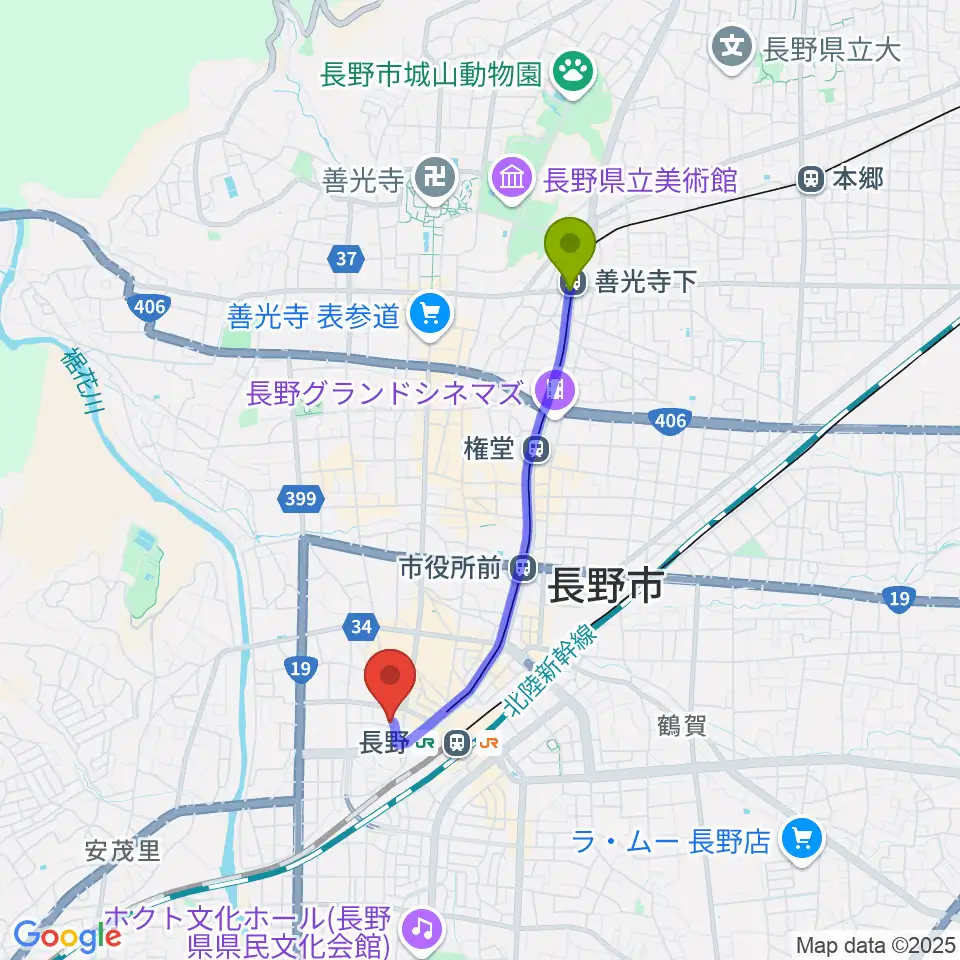 善光寺下駅からヒオキ楽器へのルートマップ地図