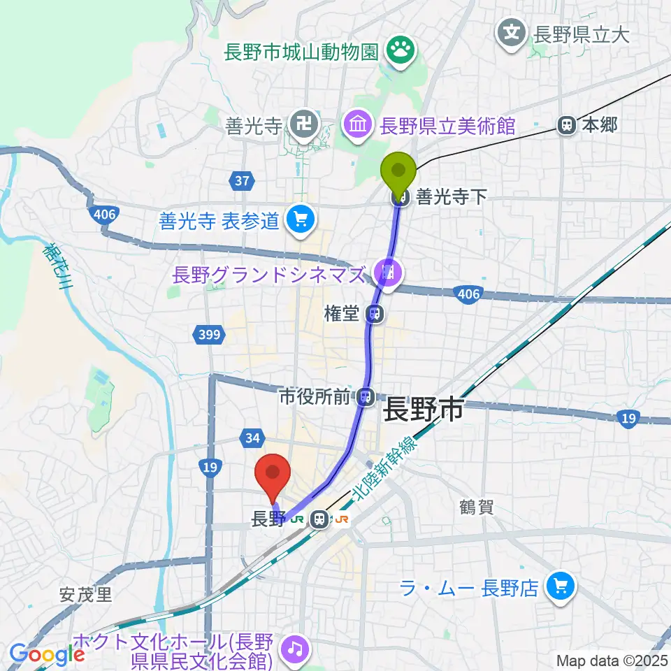 善光寺下駅からヒオキ楽器へのルートマップ地図