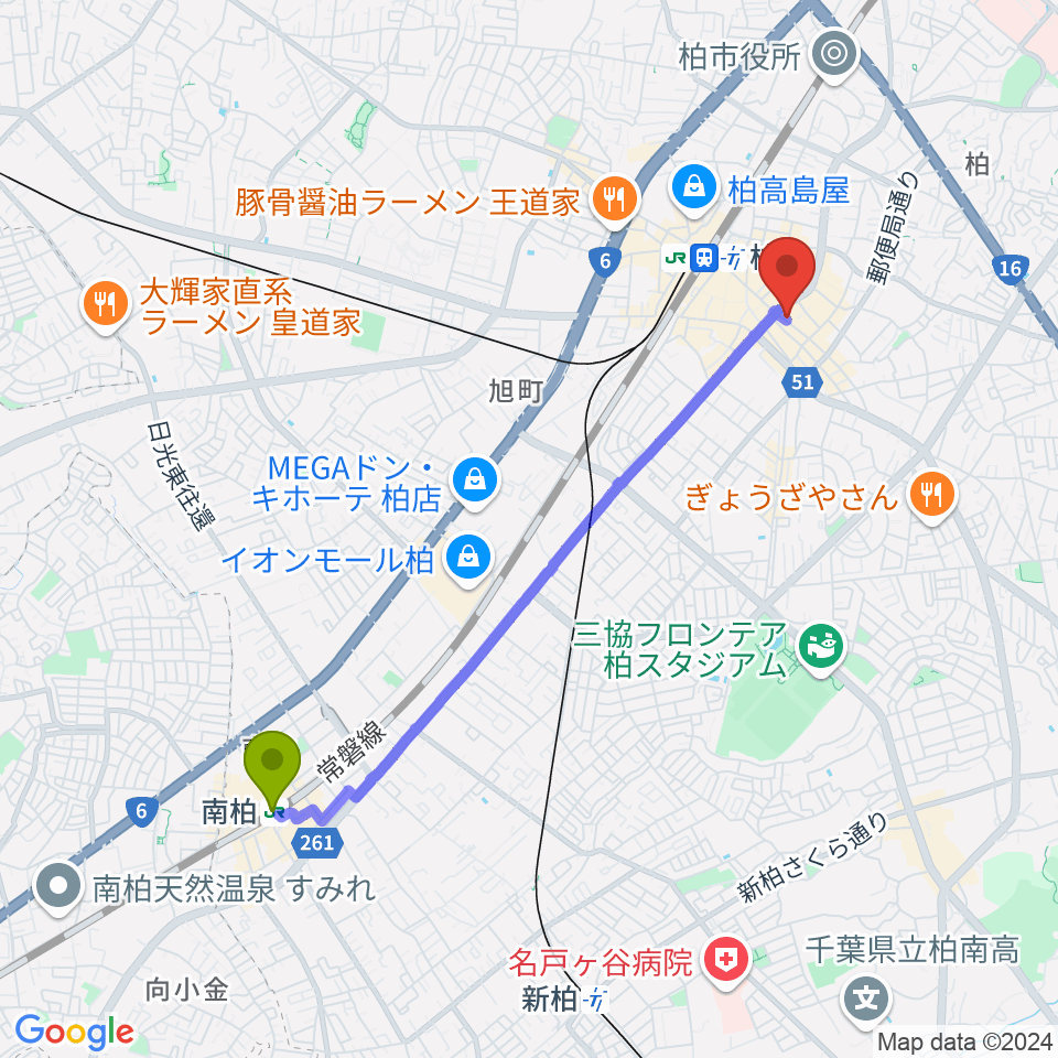 南柏駅からベルカント音楽学院へのルートマップ地図