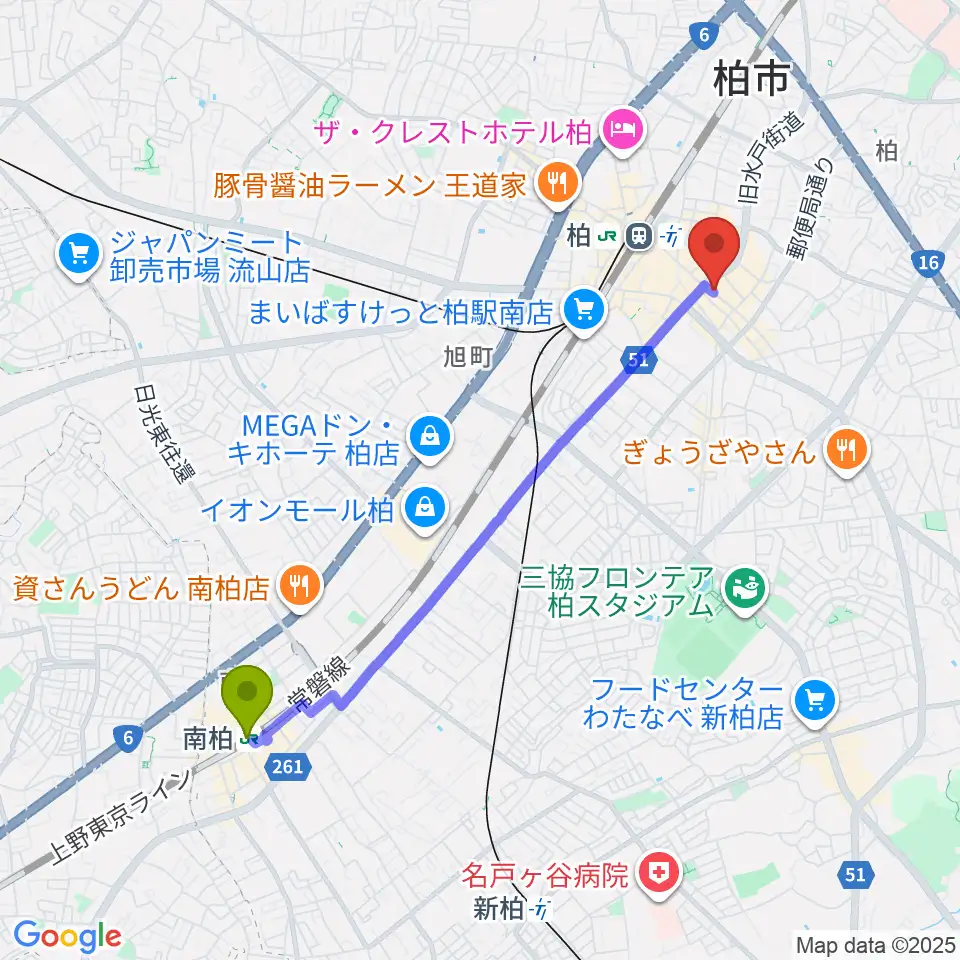 南柏駅からベルカント音楽学院へのルートマップ地図