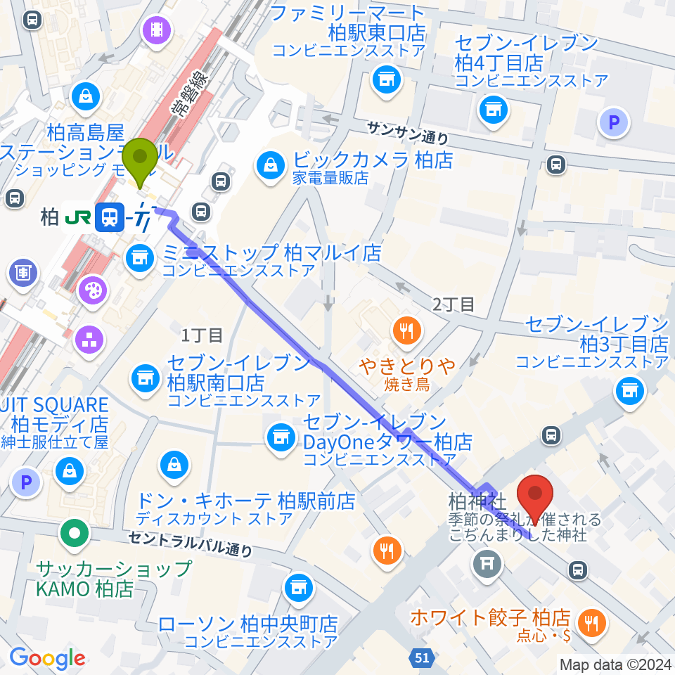 ベルカント音楽学院の最寄駅柏駅からの徒歩ルート（約6分）地図