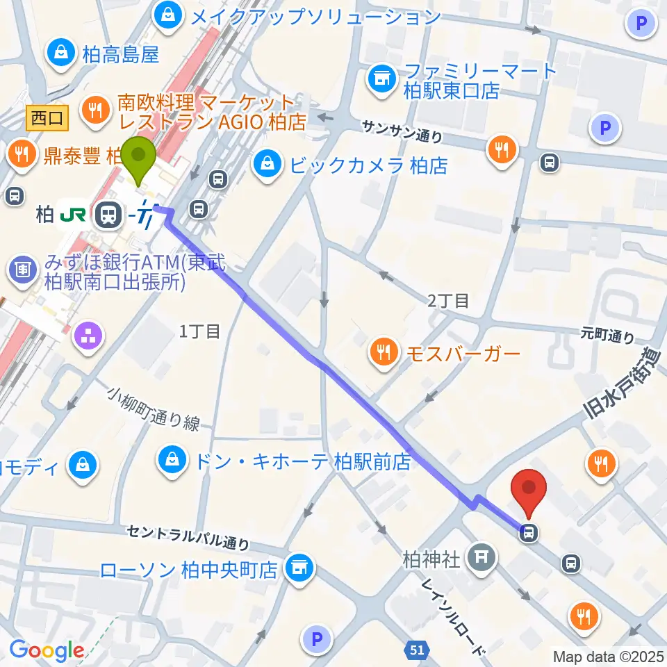 ベルカント音楽学院の最寄駅柏駅からの徒歩ルート（約6分）地図