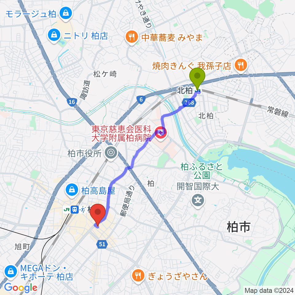 北柏駅からベルカント音楽学院へのルートマップ地図