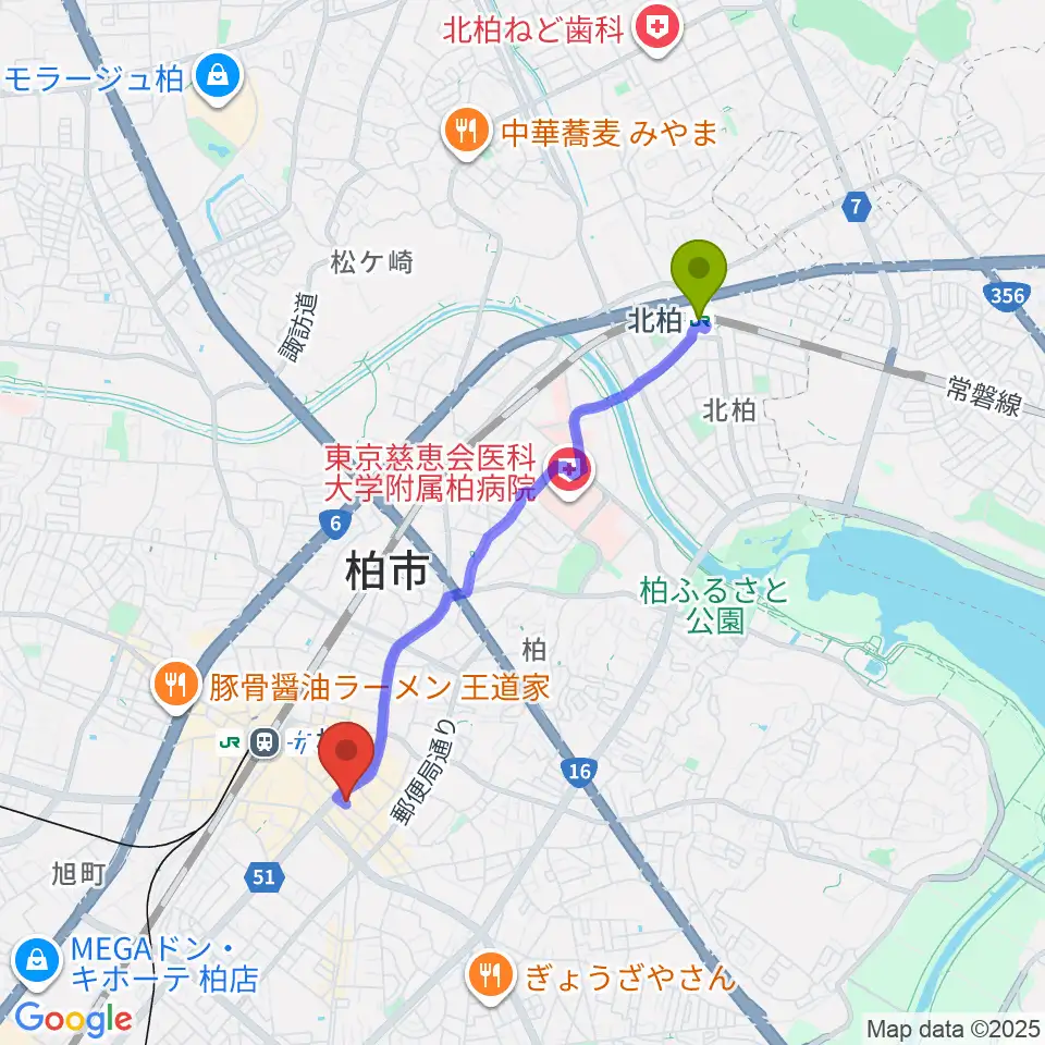 北柏駅からベルカント音楽学院へのルートマップ地図
