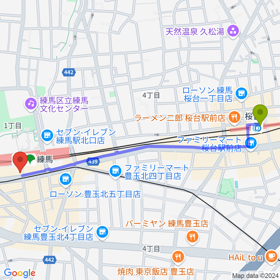 桜台駅から東音楽器 練馬センターへのルートマップ地図