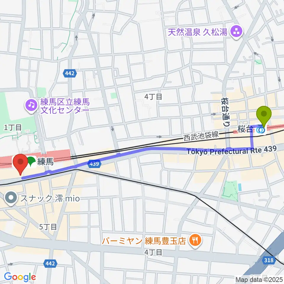 桜台駅から東音楽器 練馬センターへのルートマップ地図