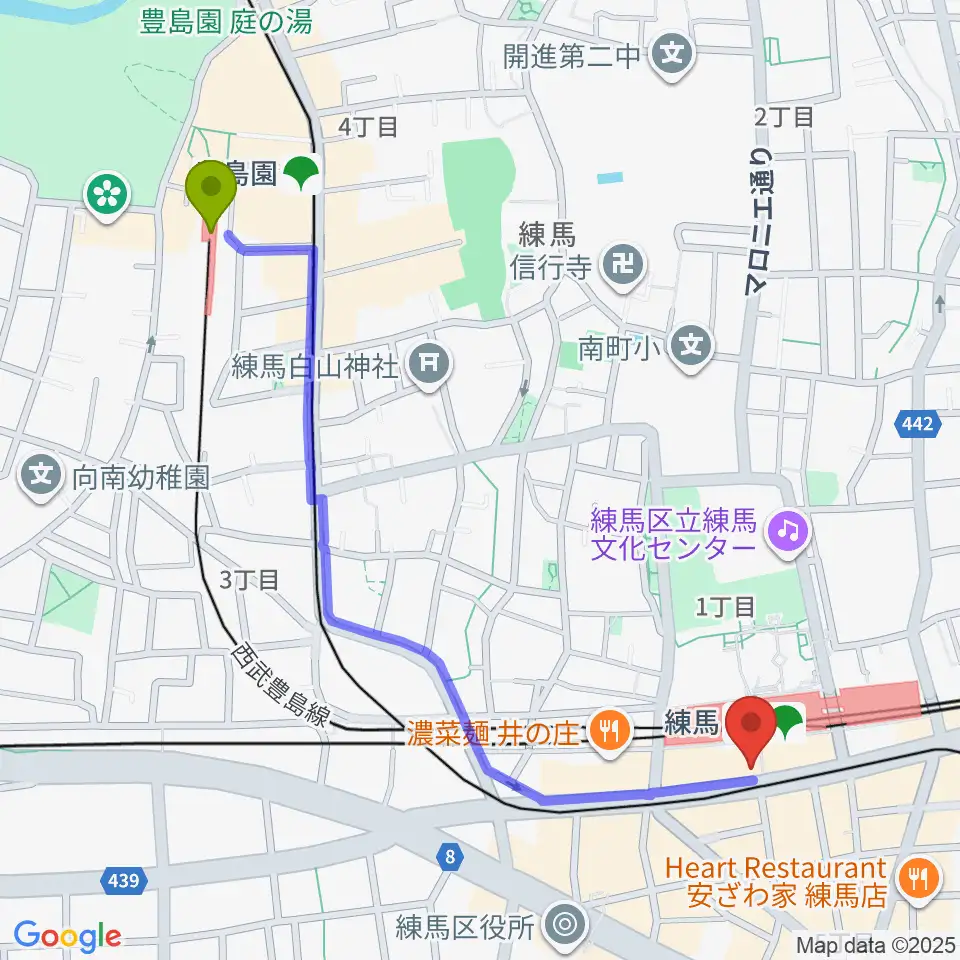 豊島園駅から東音楽器 練馬センターへのルートマップ地図