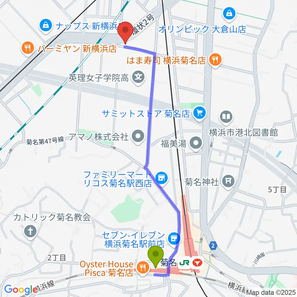 菊名JAMの最寄駅菊名駅からの徒歩ルート（約12分）地図