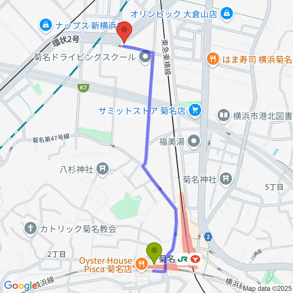 菊名JAMの最寄駅菊名駅からの徒歩ルート（約12分）地図