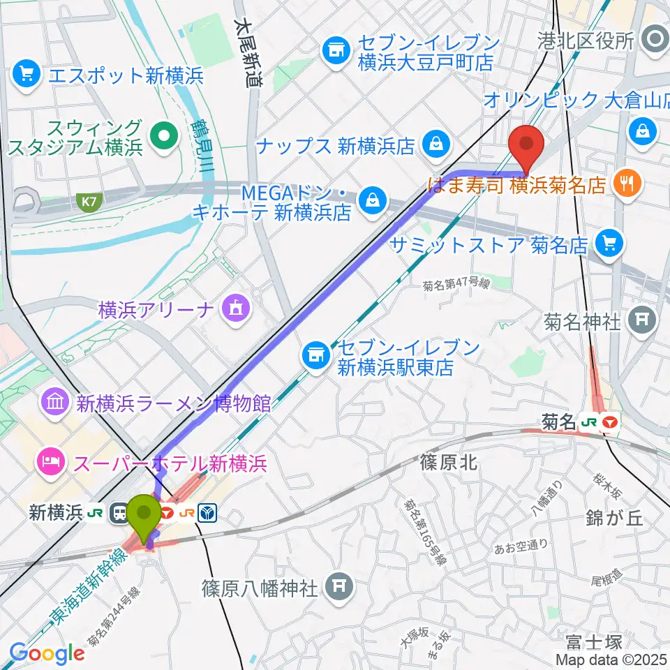 新横浜駅から菊名JAMへのルートマップ地図