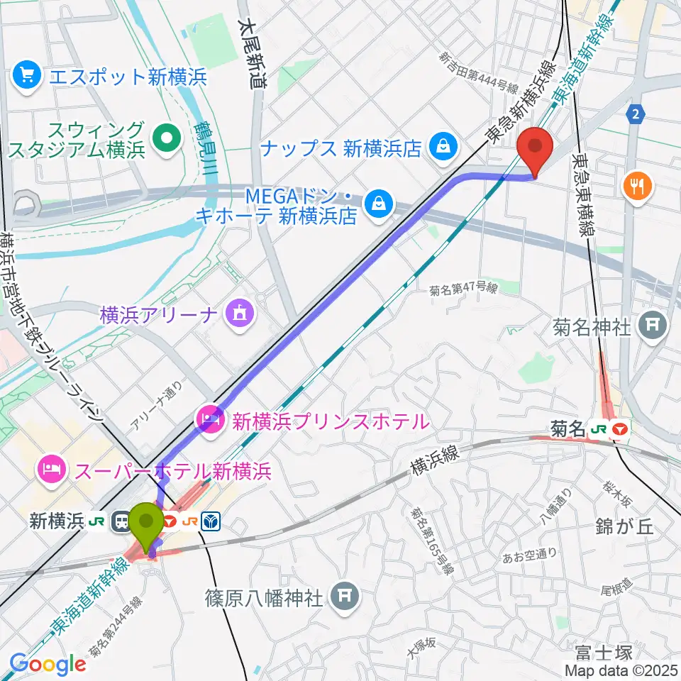 新横浜駅から菊名JAMへのルートマップ地図