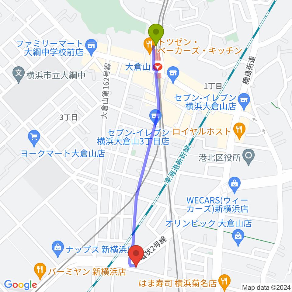大倉山駅から菊名JAMへのルートマップ地図