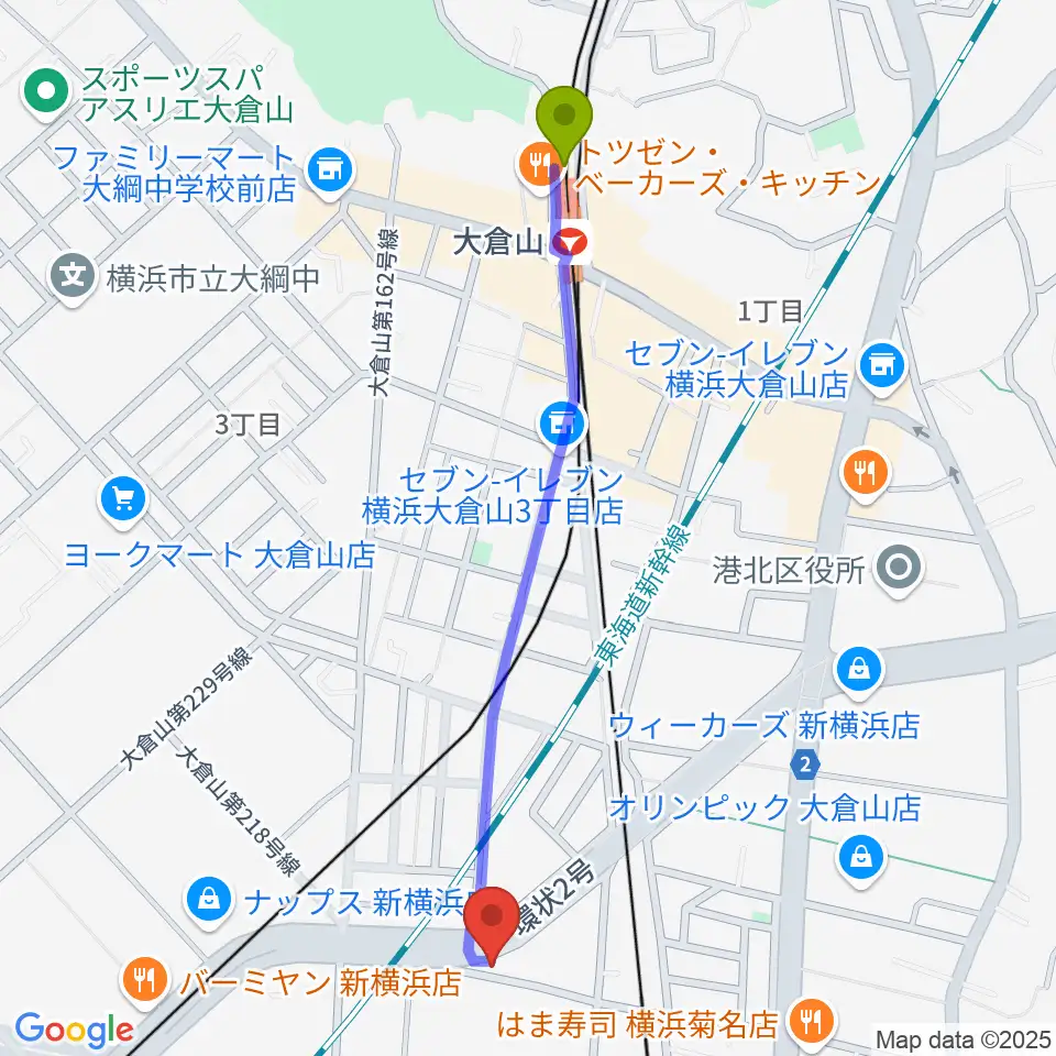 大倉山駅から菊名JAMへのルートマップ地図