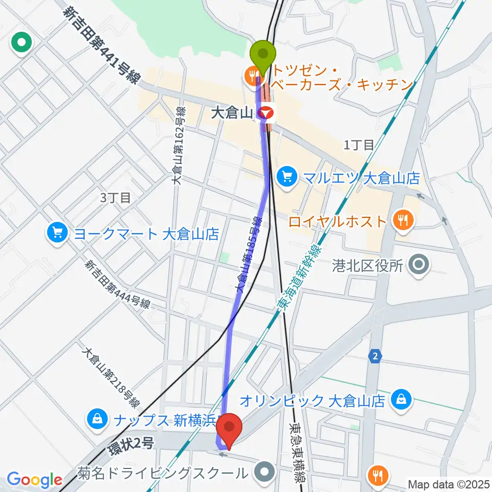 大倉山駅から菊名JAMへのルートマップ地図
