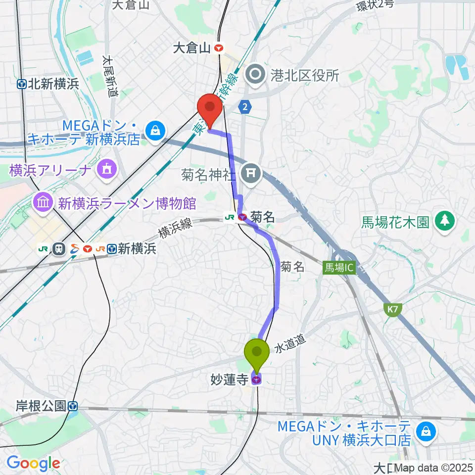 妙蓮寺駅から菊名JAMへのルートマップ地図