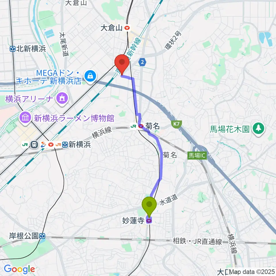 妙蓮寺駅から菊名JAMへのルートマップ地図