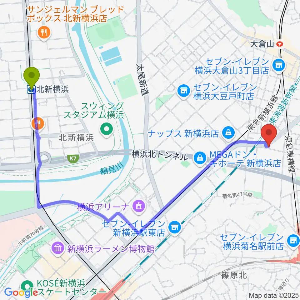 北新横浜駅から菊名JAMへのルートマップ地図