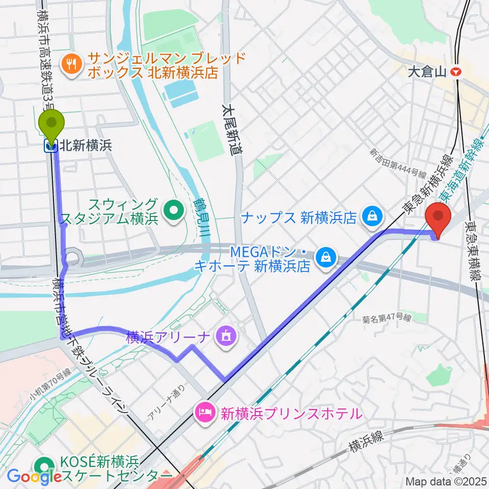 北新横浜駅から菊名JAMへのルートマップ地図