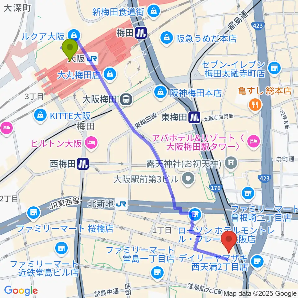 大阪駅から木村功サックス教室へのルートマップ地図