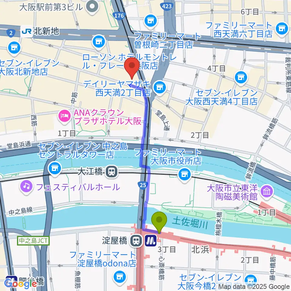 木村功サックス教室の最寄駅淀屋橋駅からの徒歩ルート（約8分）地図