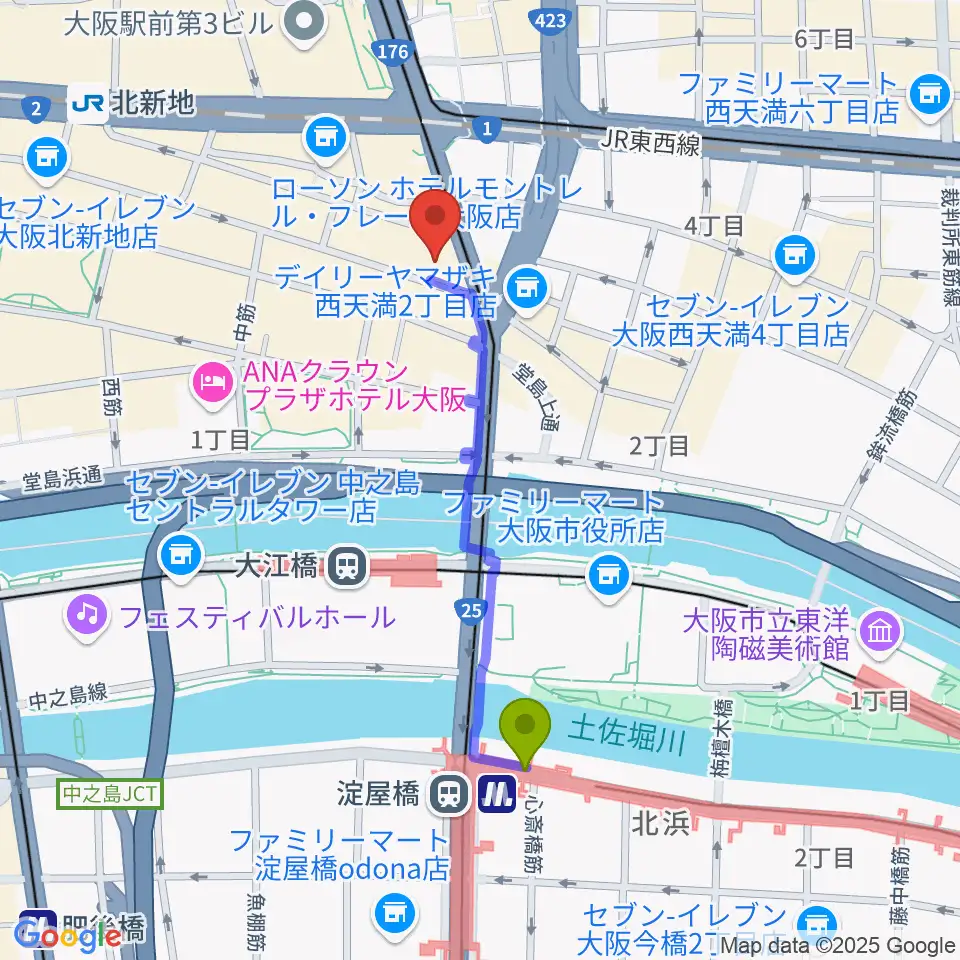 木村功サックス教室の最寄駅淀屋橋駅からの徒歩ルート（約8分）地図