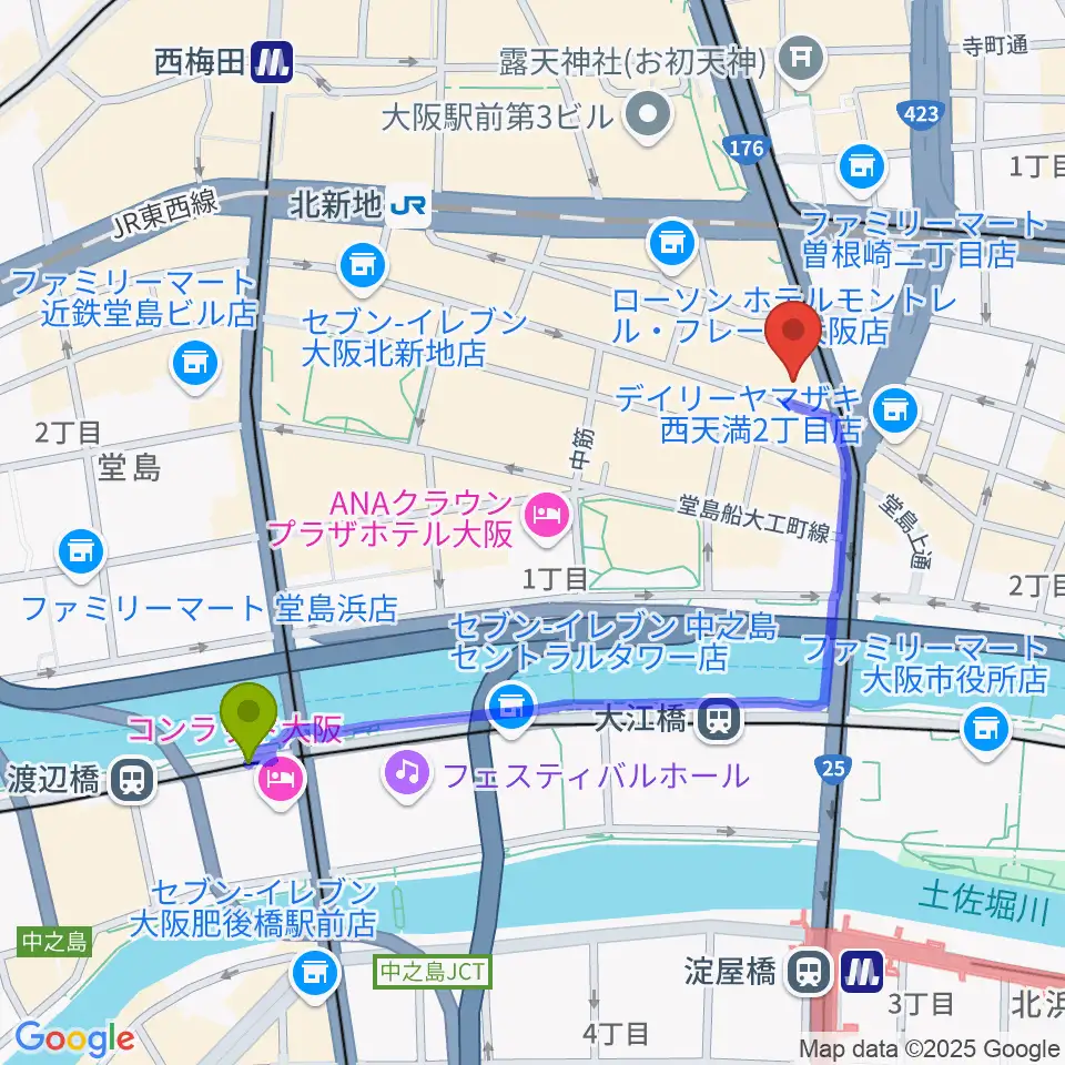 渡辺橋駅から木村功サックス教室へのルートマップ地図