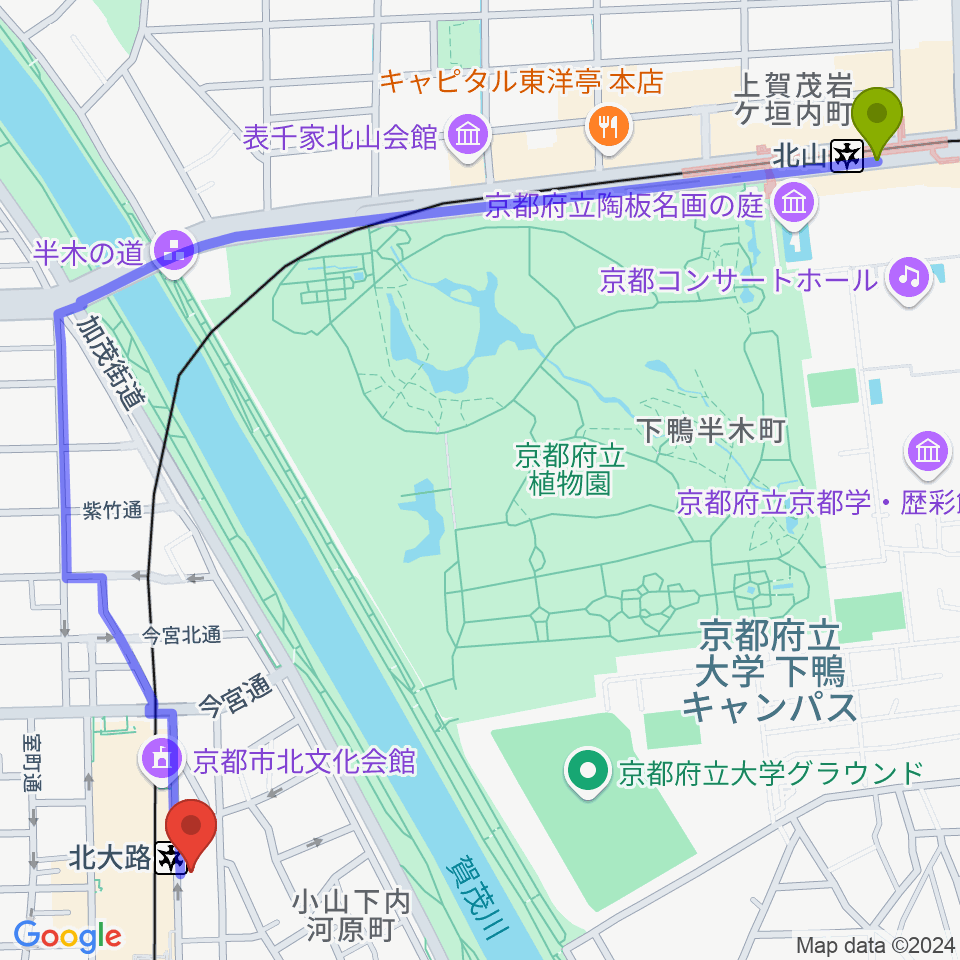 北山駅からミュージックラボ音楽教室へのルートマップ地図