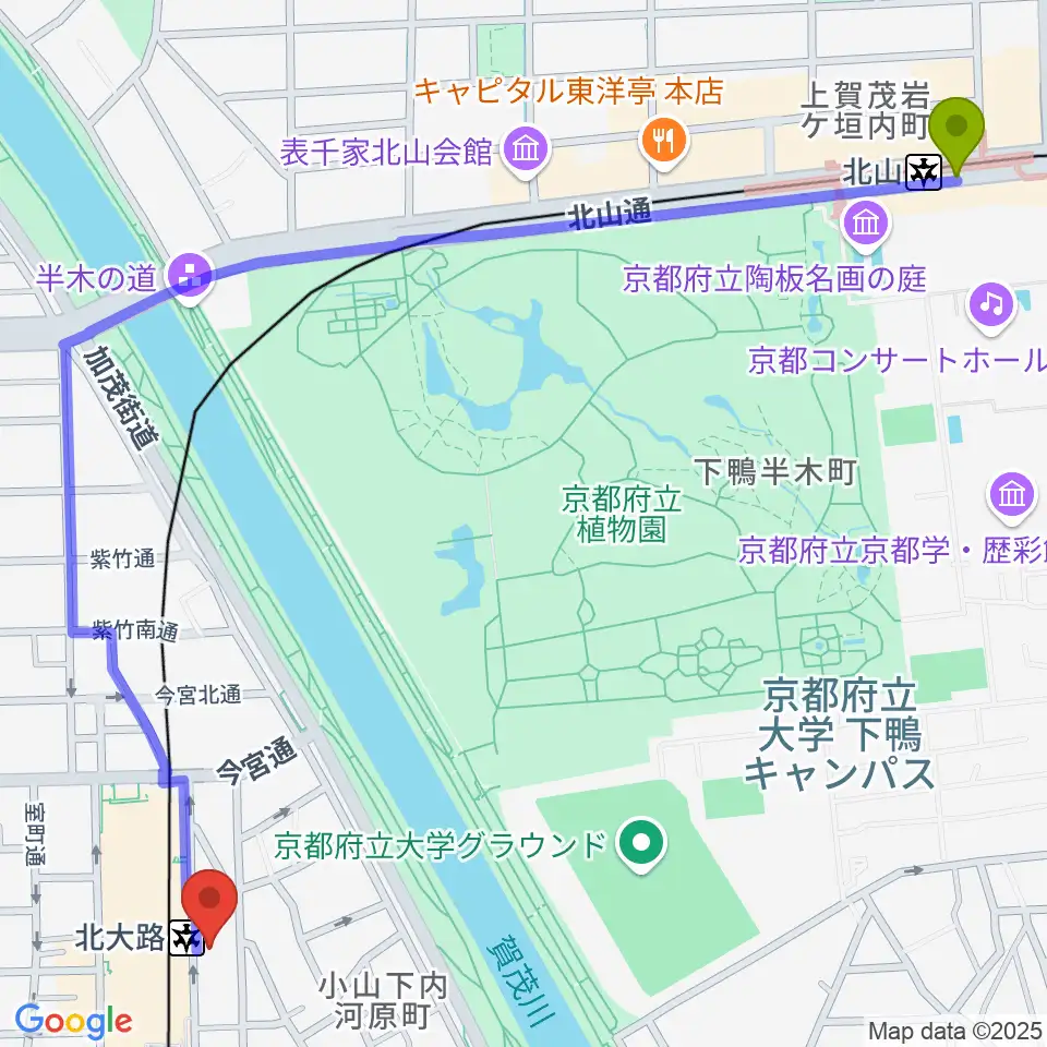北山駅から京都ミュージックラボへのルートマップ地図