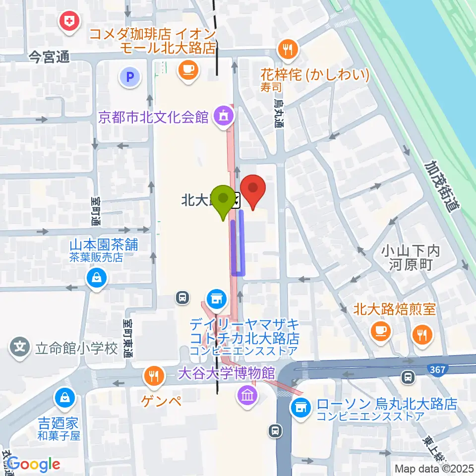 京都ミュージックラボの最寄駅北大路駅からの徒歩ルート（約1分）地図