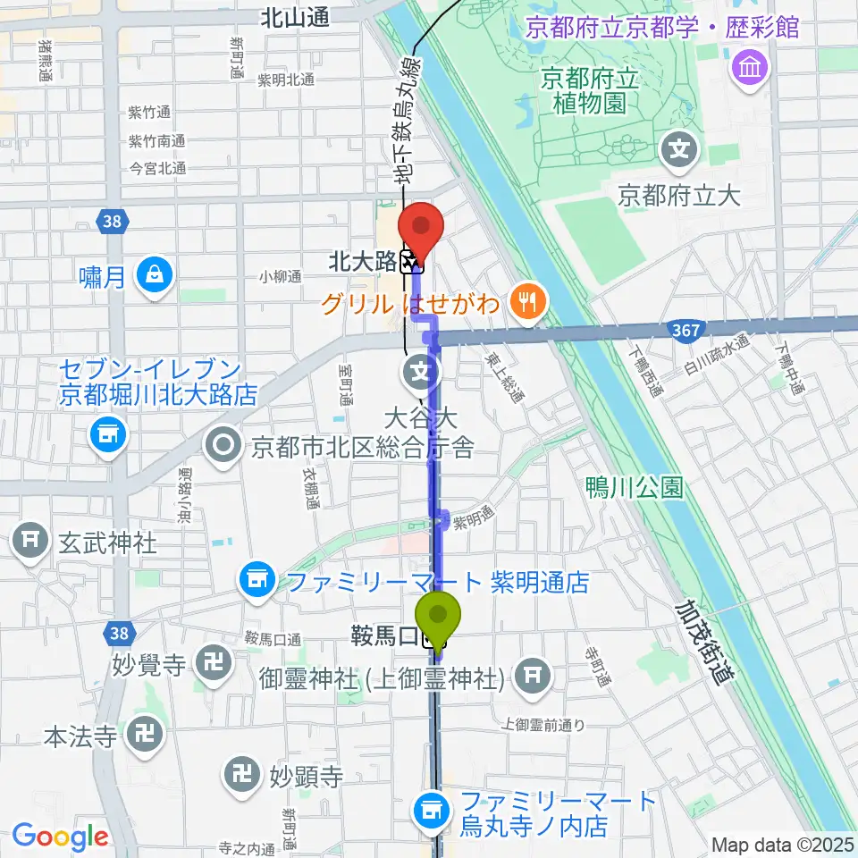 鞍馬口駅からミュージックラボ音楽教室へのルートマップ地図