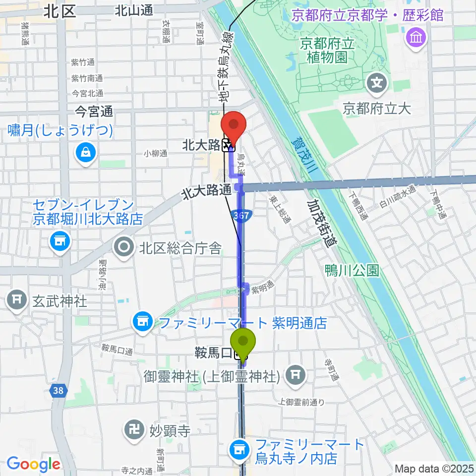 鞍馬口駅から京都ミュージックラボへのルートマップ地図