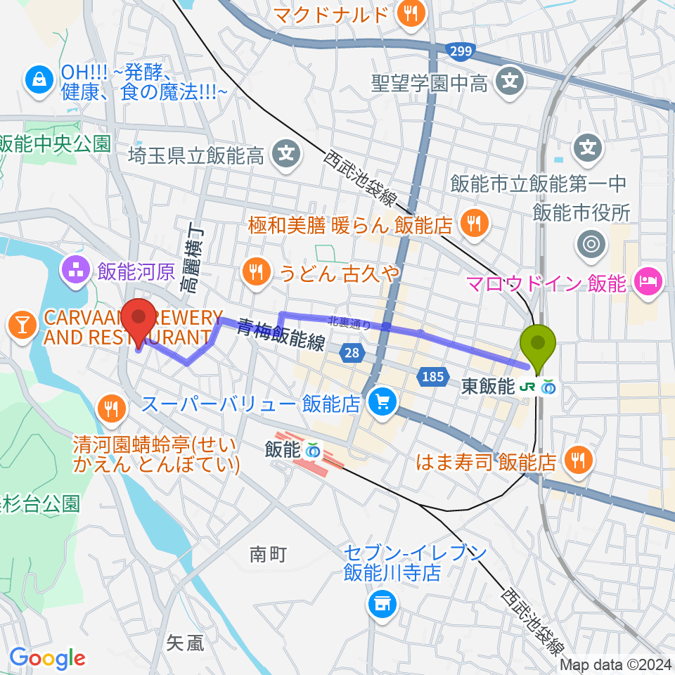 東飯能駅から津軽三味線教室貢治会へのルートマップ地図