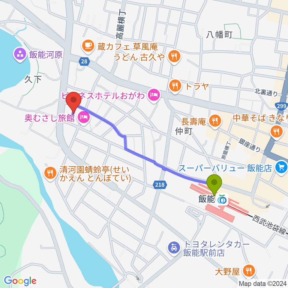 津軽三味線教室貢治会の最寄駅飯能駅からの徒歩ルート（約9分）地図