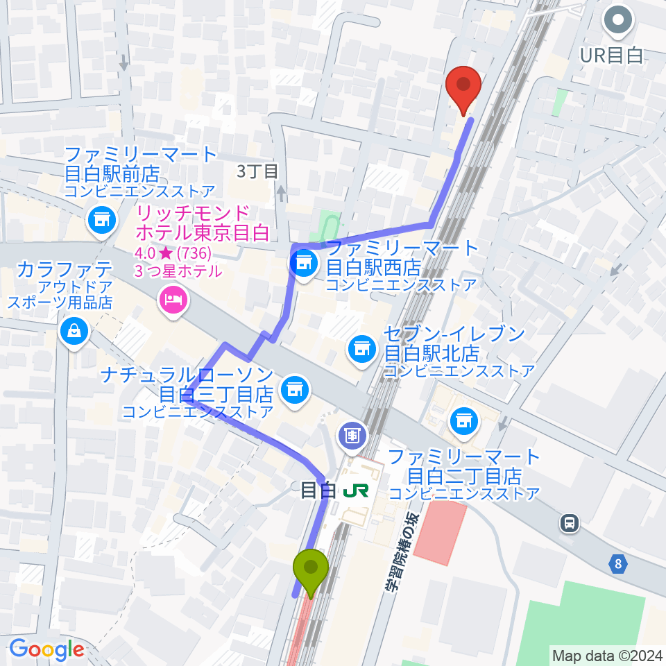 グランキャンミュージックの最寄駅目白駅からの徒歩ルート（約6分）地図