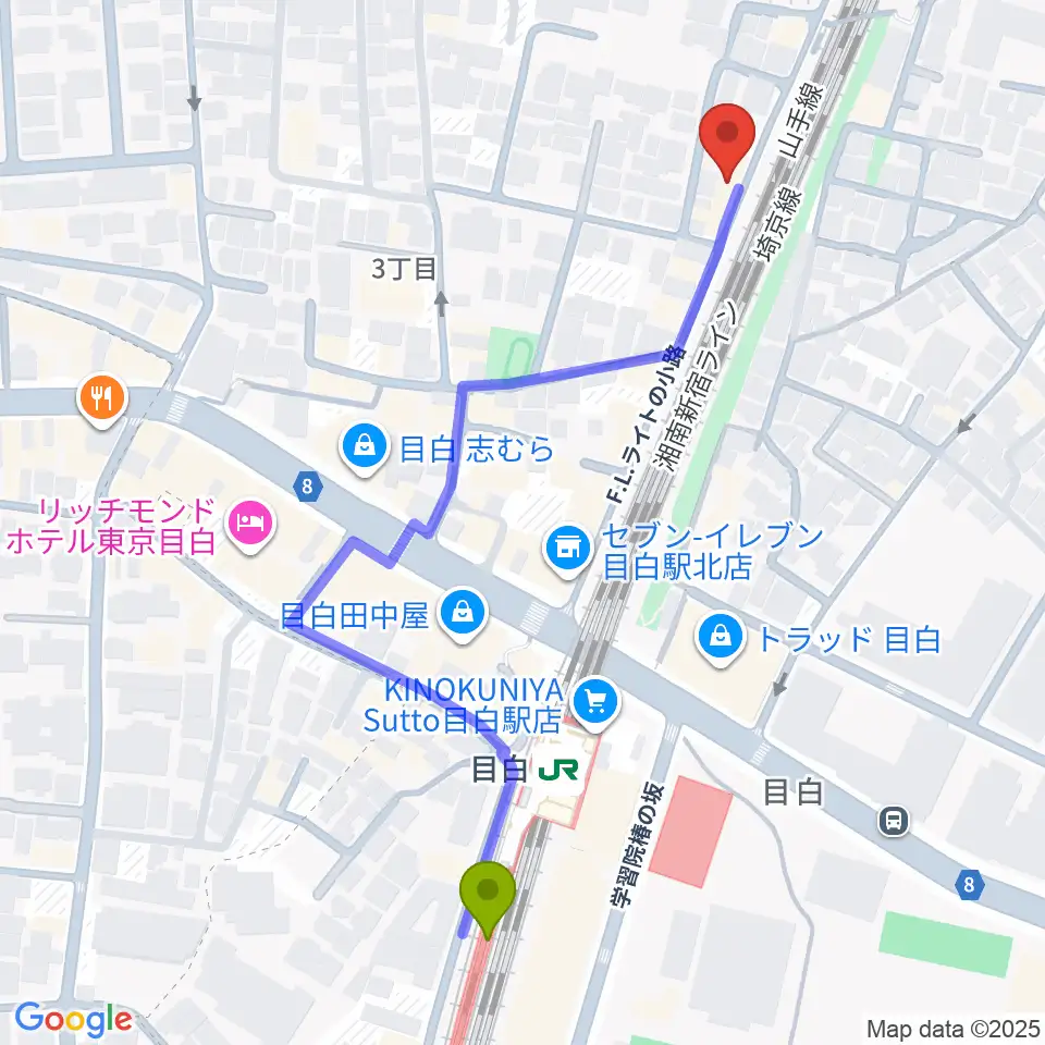 グランキャンミュージックの最寄駅目白駅からの徒歩ルート（約6分）地図