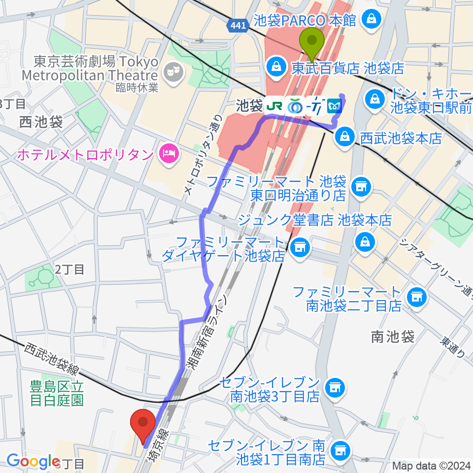 池袋駅からグランキャンミュージックへのルートマップ地図