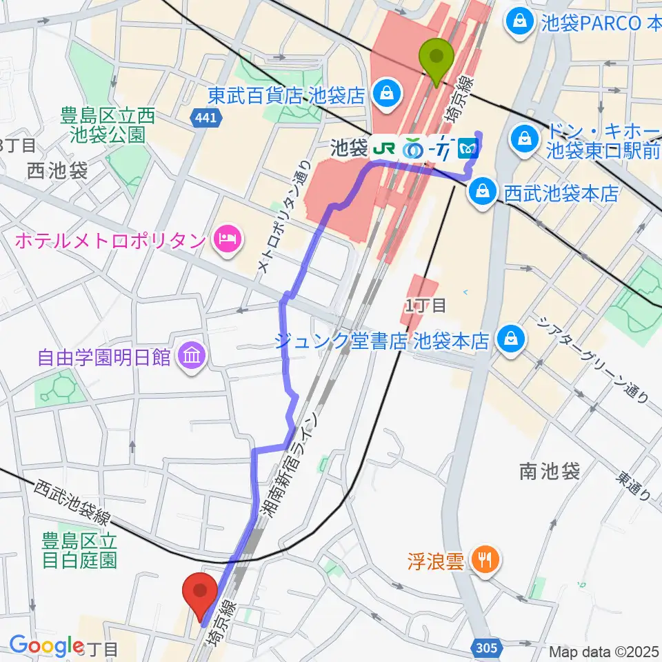 池袋駅からグランキャンミュージックへのルートマップ地図