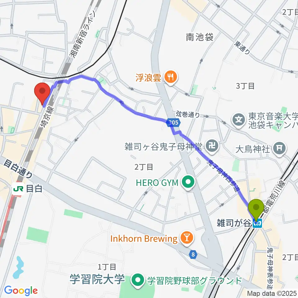 雑司が谷駅からグランキャンミュージックへのルートマップ地図