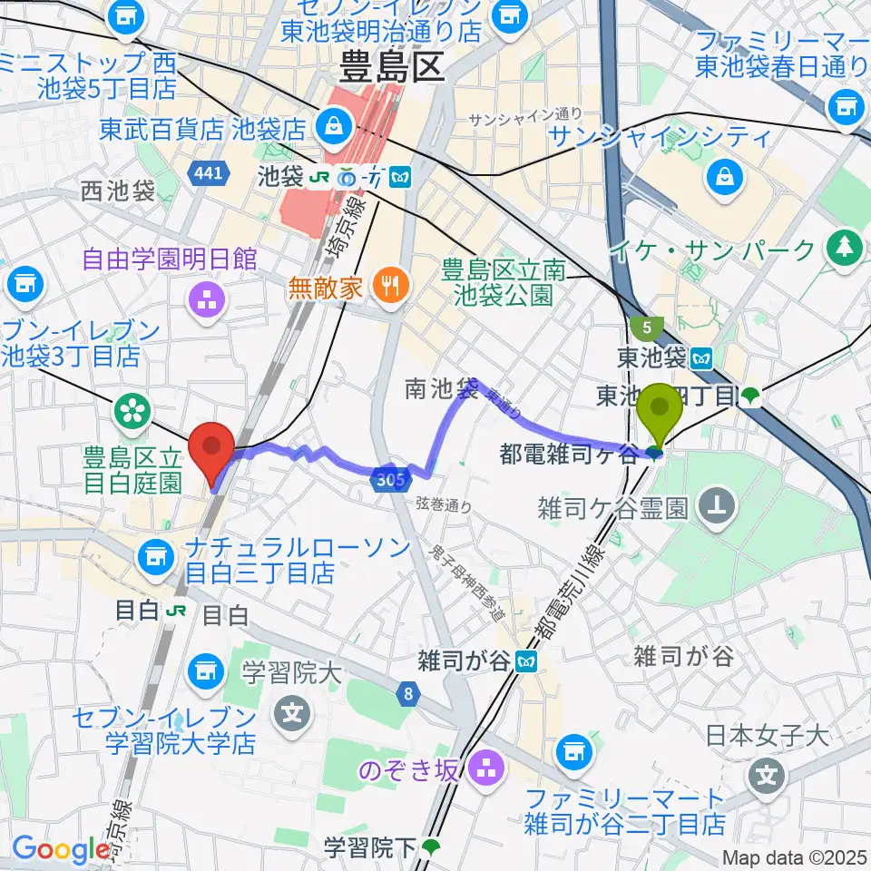 都電雑司ヶ谷駅からグランキャンミュージックへのルートマップ地図
