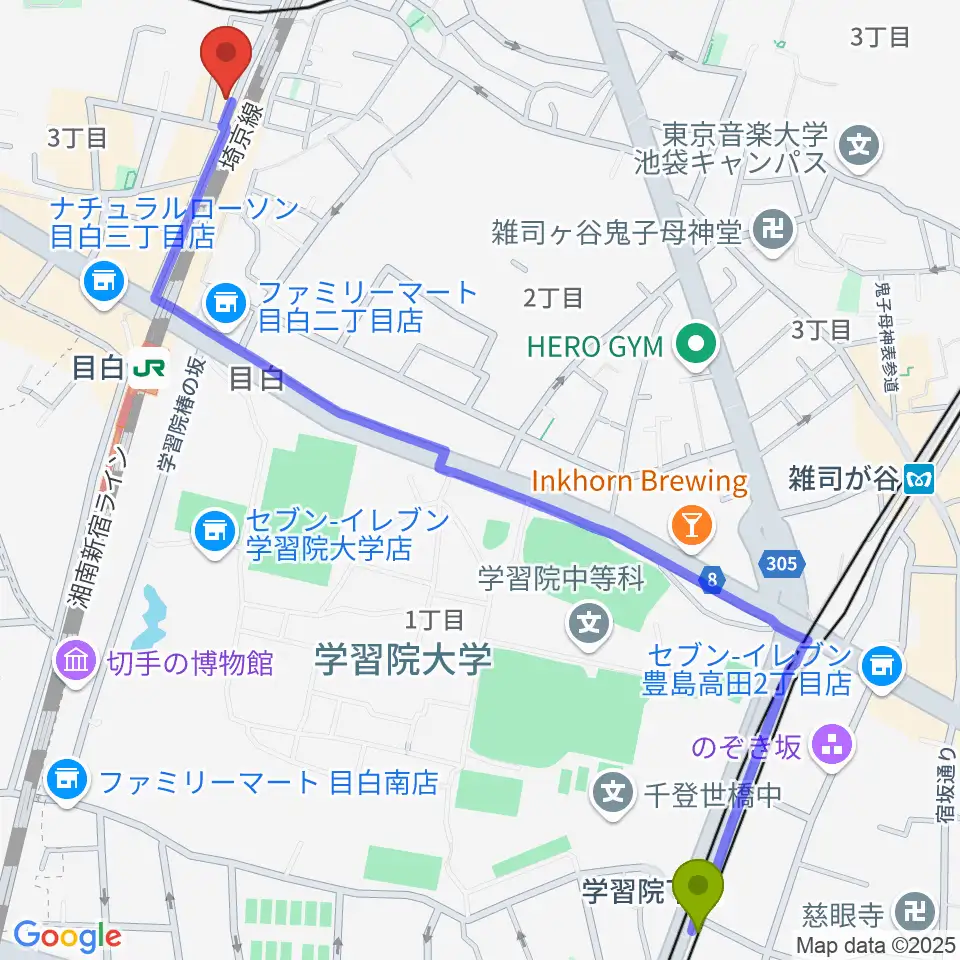 学習院下駅からグランキャンミュージックへのルートマップ地図