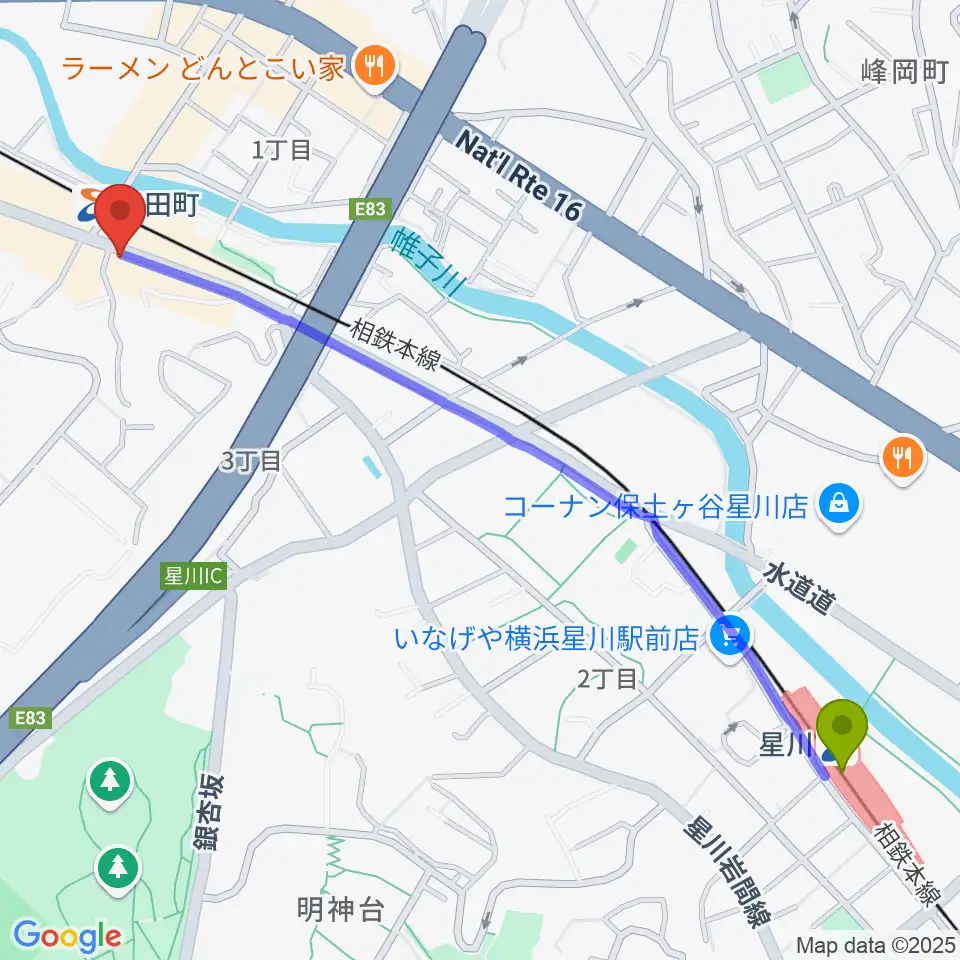 星川駅からアート和田町音楽院へのルートマップ地図