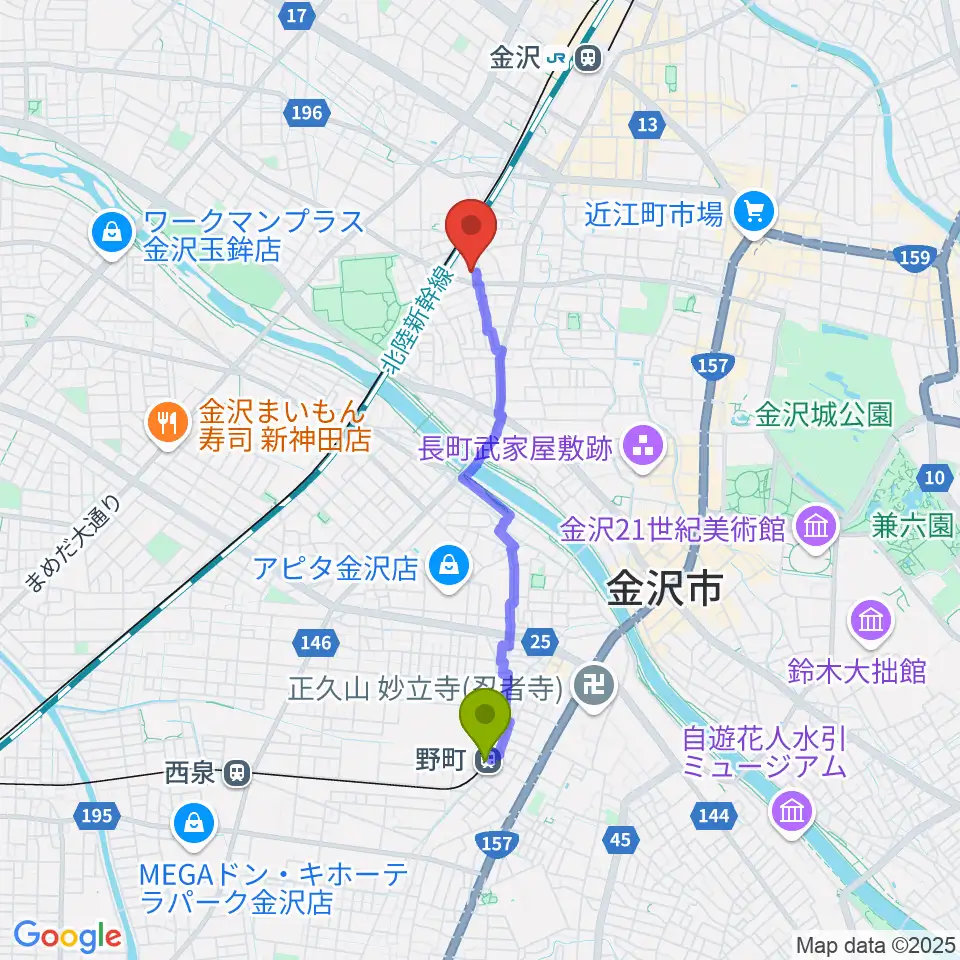 野町駅から金沢科学技術大学校 Kistへのルートマップ地図