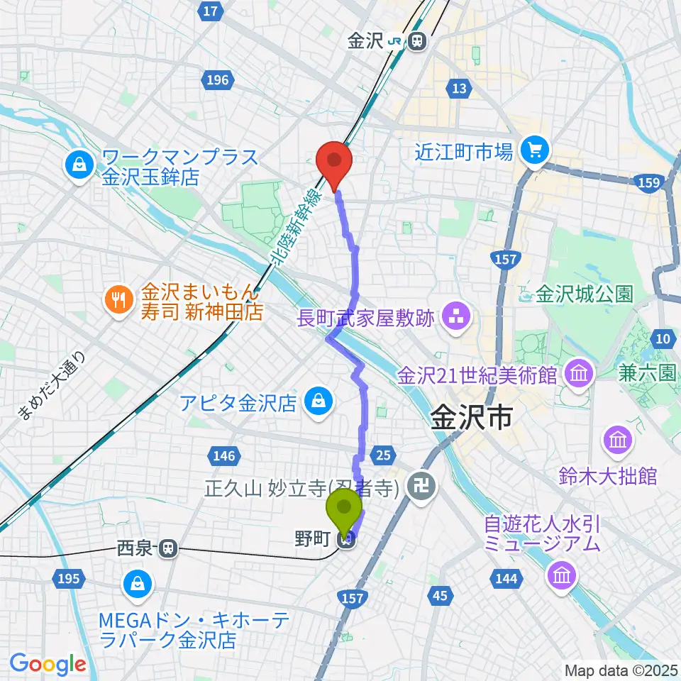 野町駅から金沢科学技術大学校 Kistへのルートマップ地図