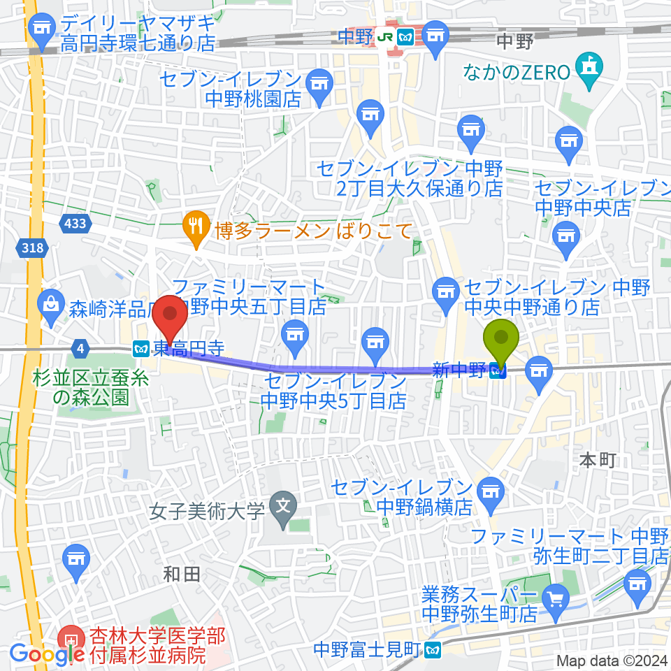 新中野駅からエンジェルハープへのルートマップ地図