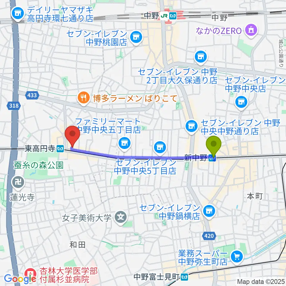 新中野駅からエンジェルハープへのルートマップ地図